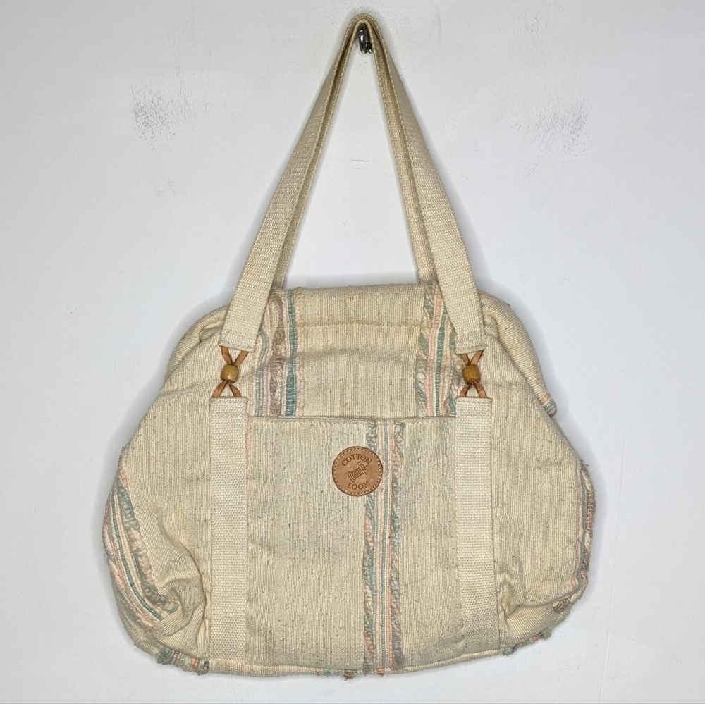 Vintage Cotton Look Cream Blue Pink Woven Handbag